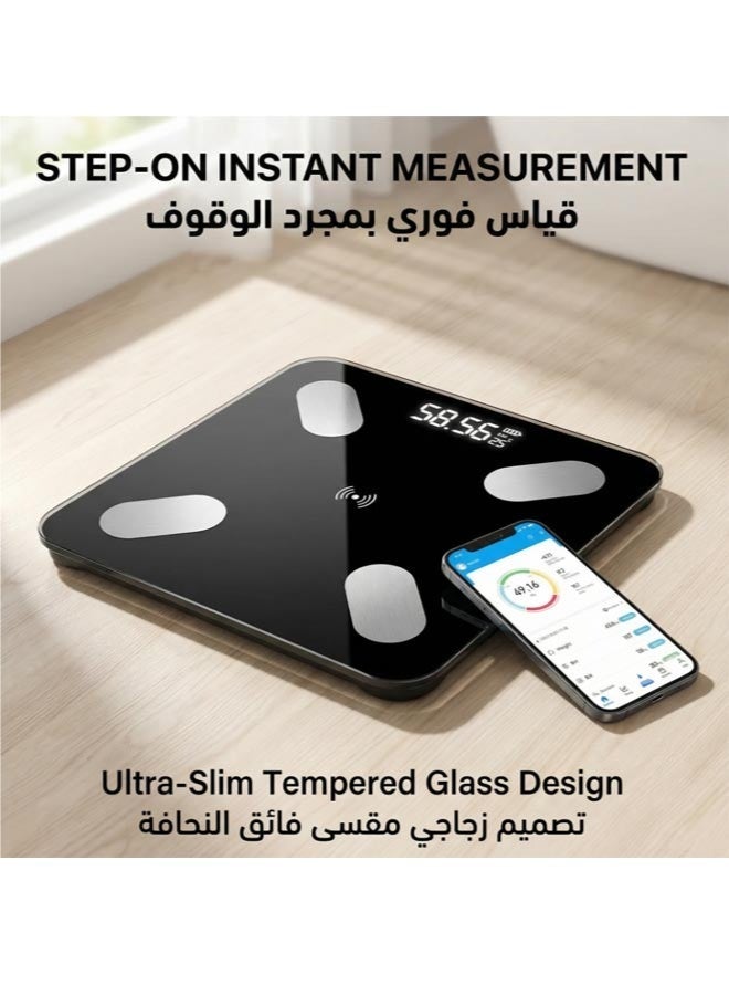 Black Digital Body Fat Scale | Ultra-Slim Tempered Glass Design with Large Color LCD Backlit Display – Step-On Instant Measurement, Stylish & Compact - Image 1